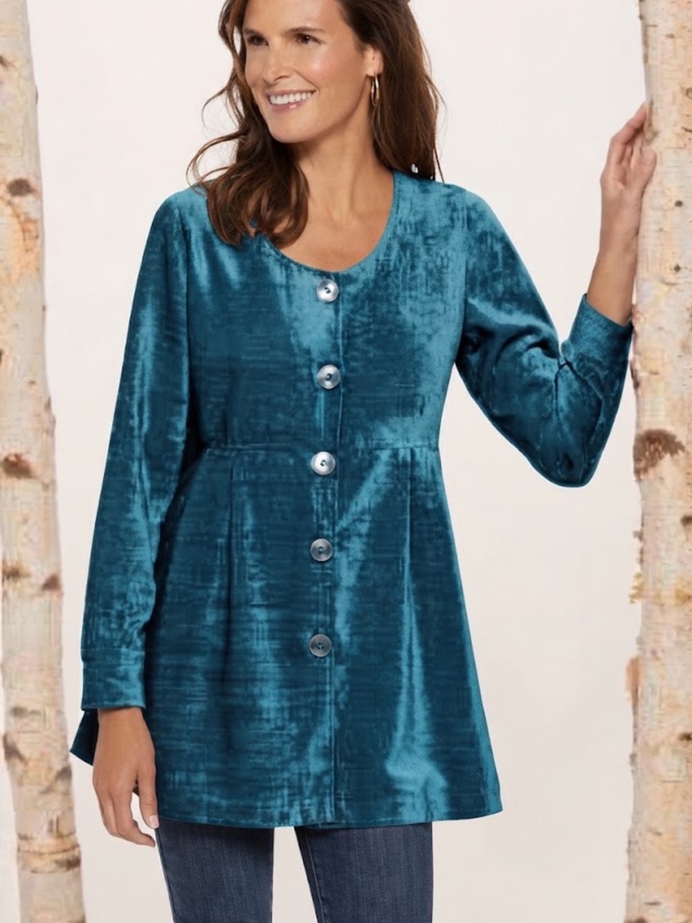 Soft Surroundings Fiona Textured Velvet Button-Front Tunic Peacock Teal Large
